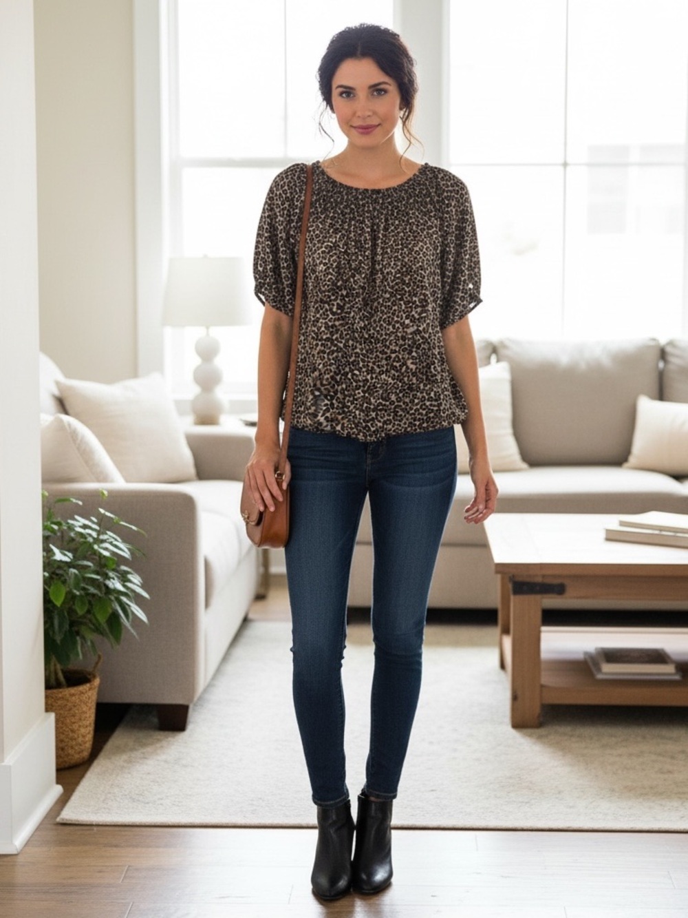 LOFT Black and Tan Leopard Print Short Sleeve Top